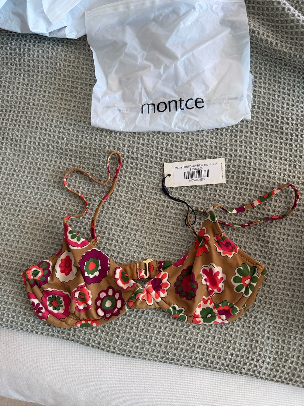 Montce Brown Floral Underwire Bikini Top with Pink, Red & Green Flowers